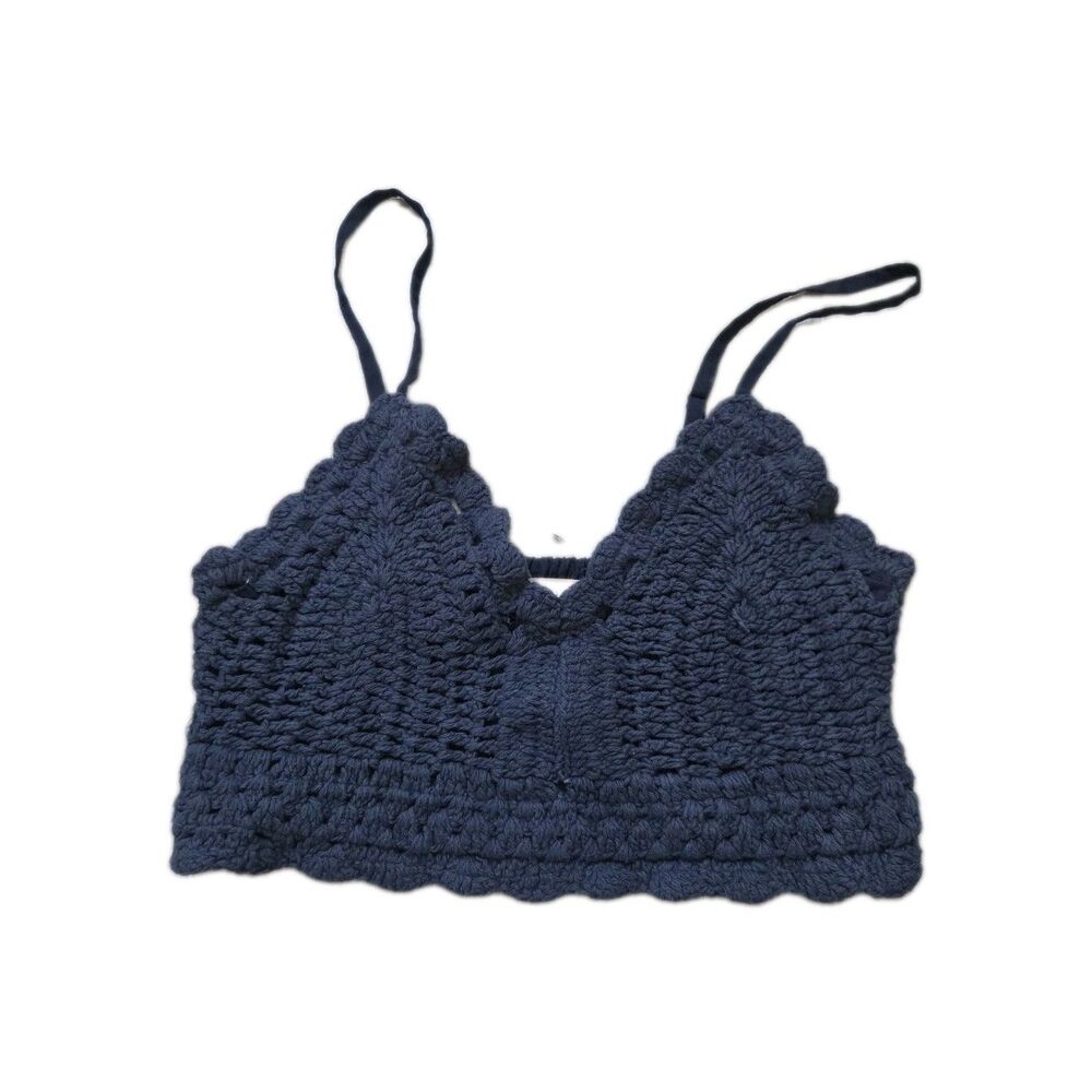 B.O.G. Collective Navy Blue Crochet Knit Bralette Crop Cami Tank Top Sz S EUC